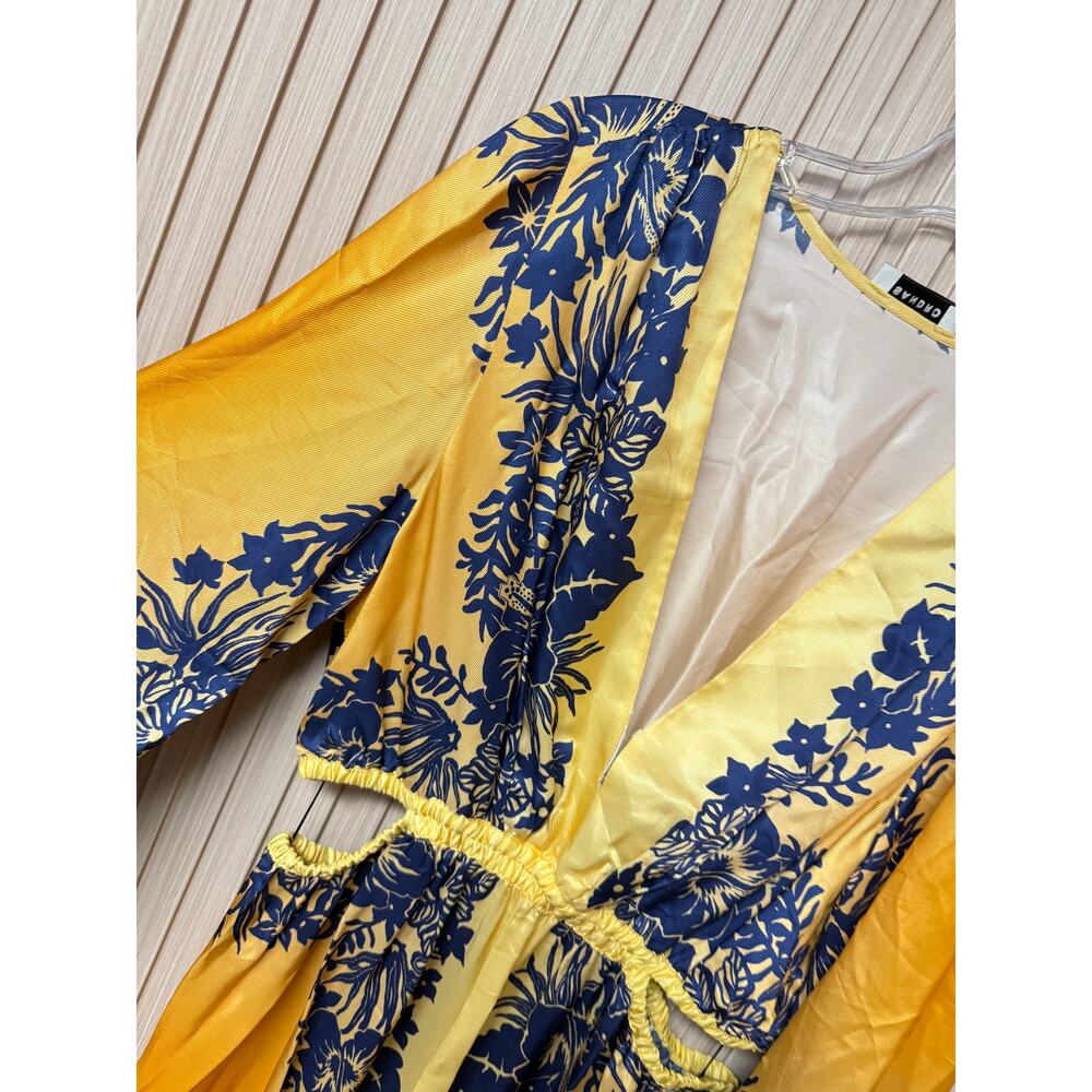 SANDRO PARIS Ocher Viscose Midi Dress In Yellow Blue Sz 40 / US8 MSRP $595 New - Picture 11 of 16